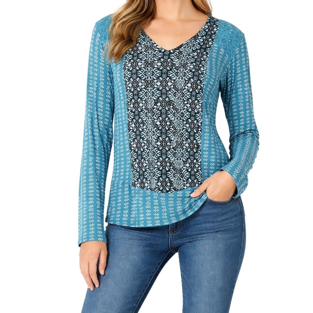 Chip & Pepper Mixed Print‎ Top Women Size S Blue Lace Accent V-Neck Long Sleeve